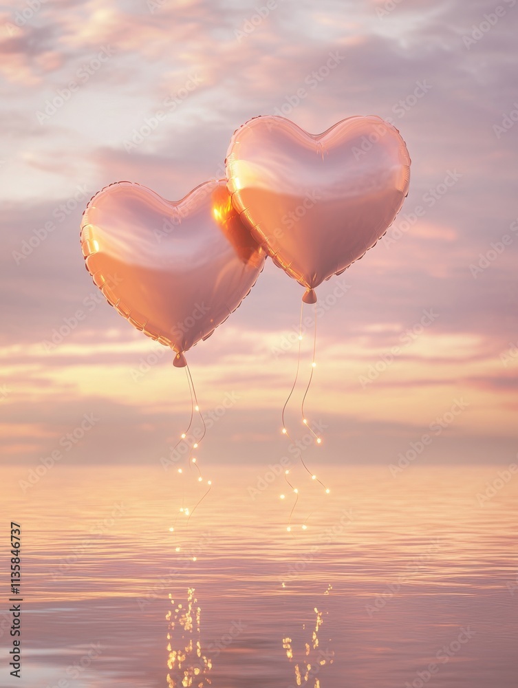 Obraz premium Floating heart balloons above a tranquil ocean with surreal glowing lights and soft golden hues