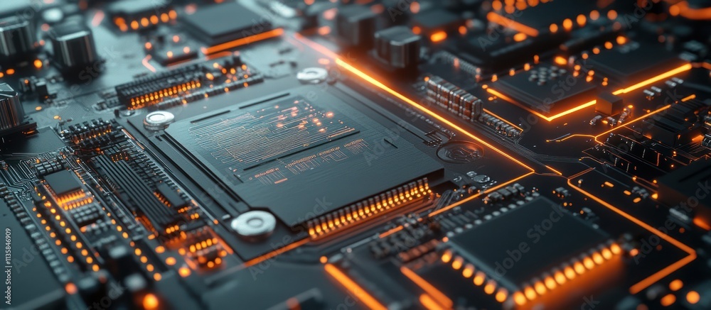 Close up of a computer motherboard with glowing orange circuits and a central processing unit. Close up of a computer motherboard with glowing orange circuits and a central processing unit.
