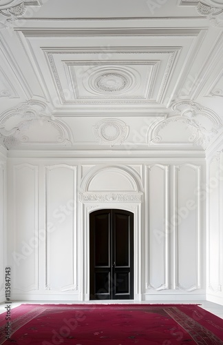 A white wall with a long red carpet leading to a black door