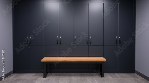 Modern Locker Room with Dark Cabinets and Wooden Bench Seating