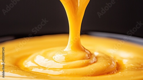 Smooth and Creamy Golden Sauce Dripping from a Spoon on Dark Background