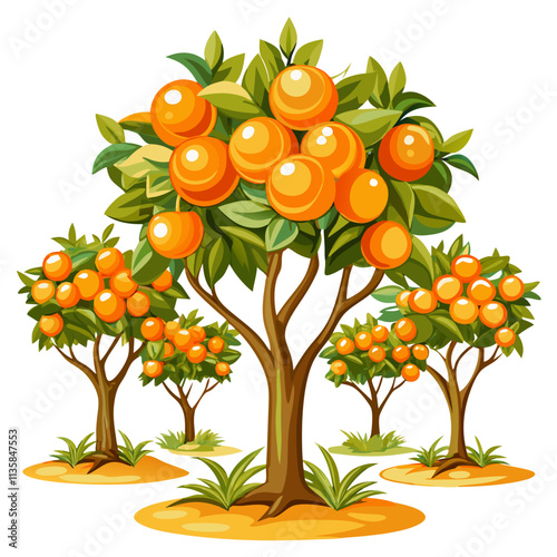 Vibrant orange trees with ripe fruit stand isolated on white background, resembling tangerine orchards