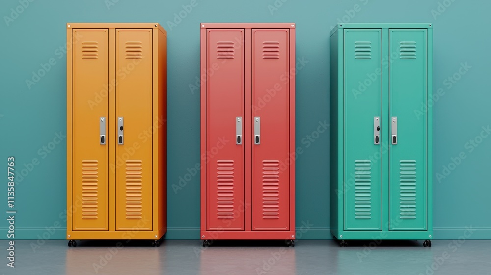 Colorful Metal Lockers in a Modern Classroom Environment Colorful Metal Lockers in a Modern Classroom Environment