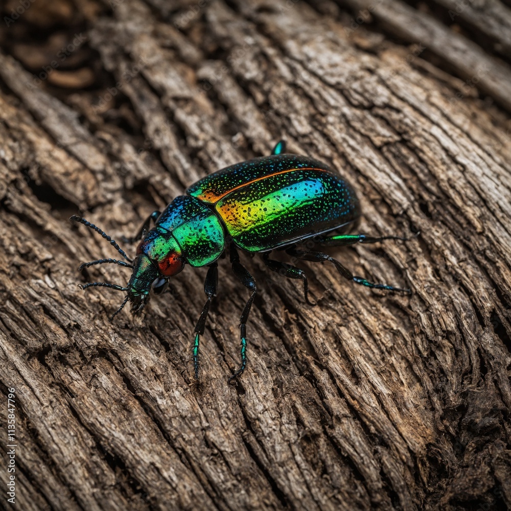 Naklejka premium A jewel-like buprestid beetle crawling across a weathered tree trunk.