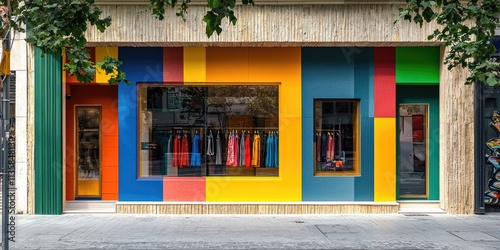 Colorful exterior of a boutique store with a unique faÃ§ade and vibrant window display. photo