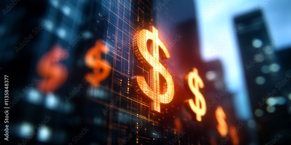 Glowing dollar signs illuminate urban high rises, symbolizing financial prosperity and economic growth in bustling cityscape Glowing dollar signs illuminate urban high rises, symbolizing financial prosperity and economic growth in bustling cityscape