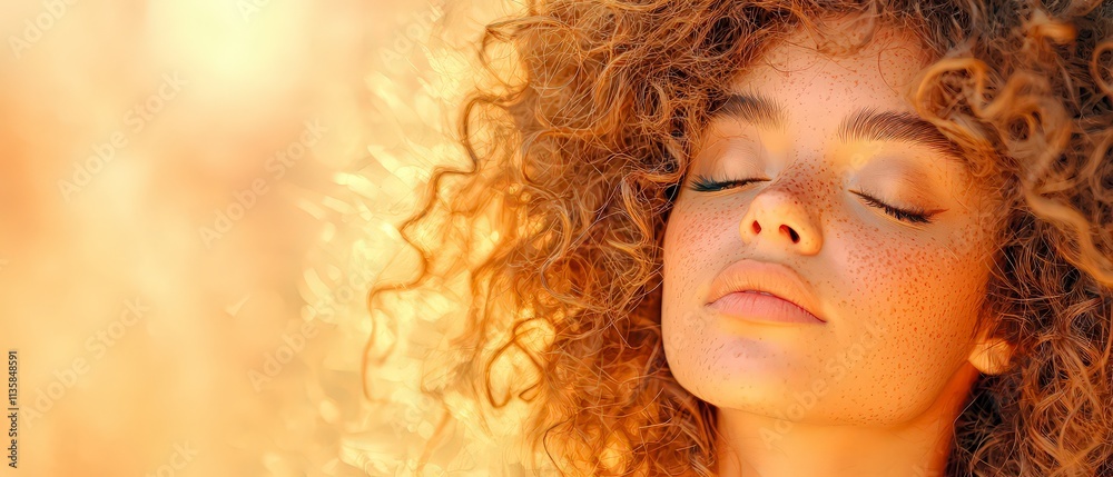 Beautiful Woman with Curly Red Hair Freckles Closed Eyes Golden Light Beautiful Woman with Curly Red Hair Freckles Closed Eyes Golden Light