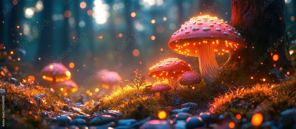 Glowing mushrooms illuminate the forest floor. Glowing mushrooms illuminate the forest floor.