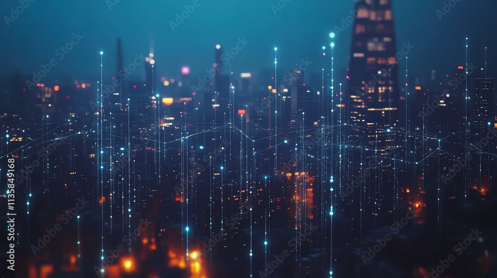 Fototapeta premium Smart digital Innovation city with connection network reciprocity over the cityscape. of future smart wireless digital city and social media networking systems that connects people with in city