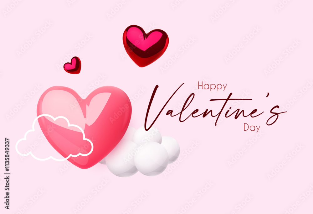 Happy Valentine's day design template with 3D glossy hearts flying in clous Happy Valentine's day design template with 3D glossy hearts flying in clous
