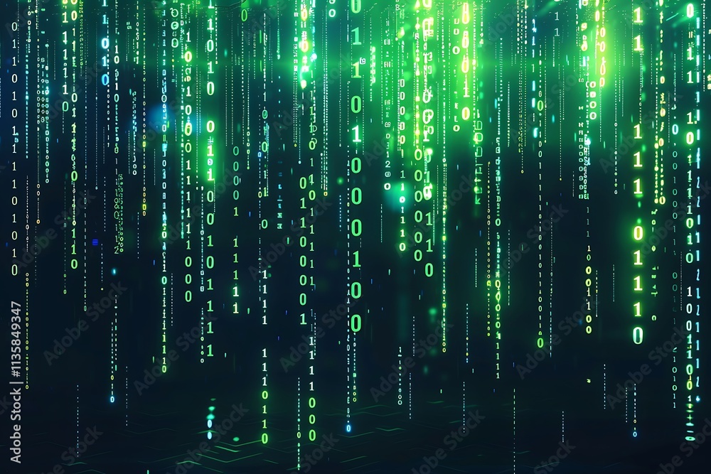 Digital Rain Binary Code, Green Data Stream, Cyber Technology