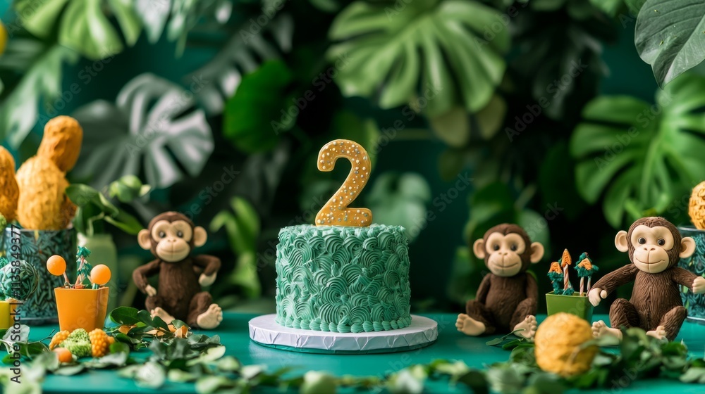 Naklejka premium A birthday cake with the number 2 on it is surrounded by stuffed monkeys