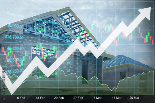Stock financial index show sucessful investment on real estate and property with graph, chart and candlesticks on arrow up symbol. Image use for business presentation background.