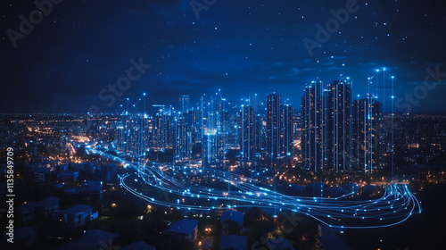 Wallpaper Mural Smart digital Innovation city with connection network reciprocity over the cityscape. of future smart wireless digital city and social media networking systems that connects people with in city Torontodigital.ca