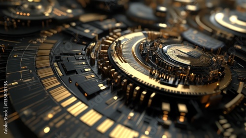 Abstract Close-up of a Black and Gold Circular Mechanism