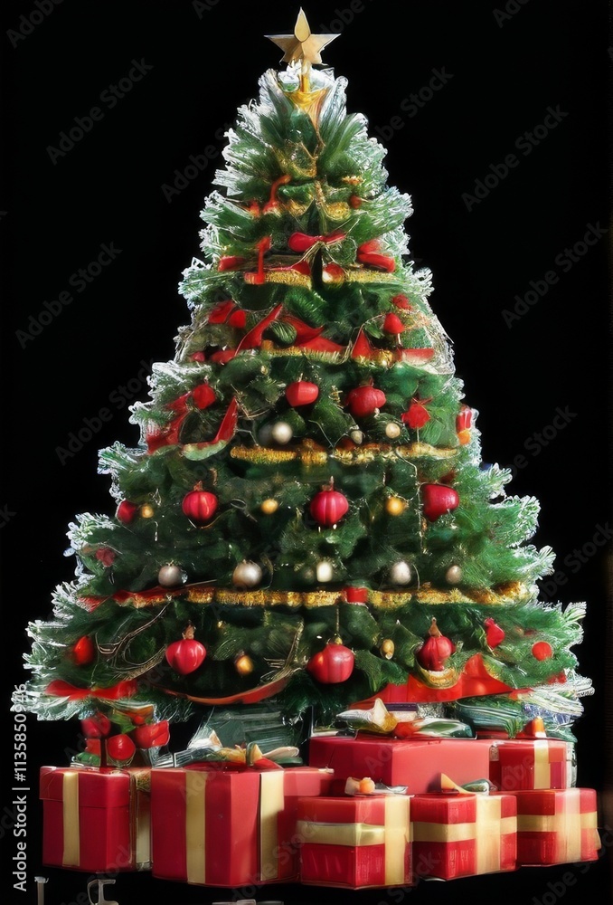 Christmas tree decorated with red and gold ornaments and surrounded by gift boxes on black background. Christmas tree decorated with red and gold ornaments and surrounded by gift boxes on black background.