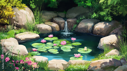 Garden pond with lush greenery and a tranquil water setting