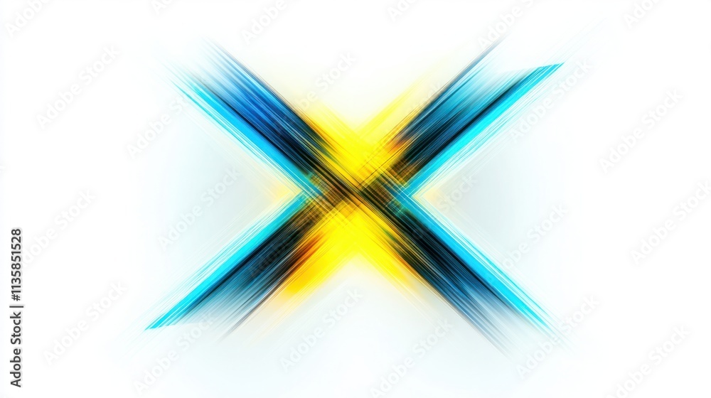 Obraz premium Vibrant blue and yellow energy beams intersecting at various angles, glowing brightly, isolated on a clean white background