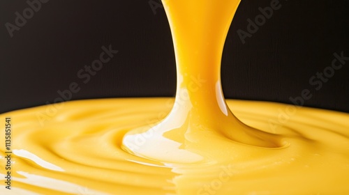 Liquid yellow sauce flowing gracefully on a black surface