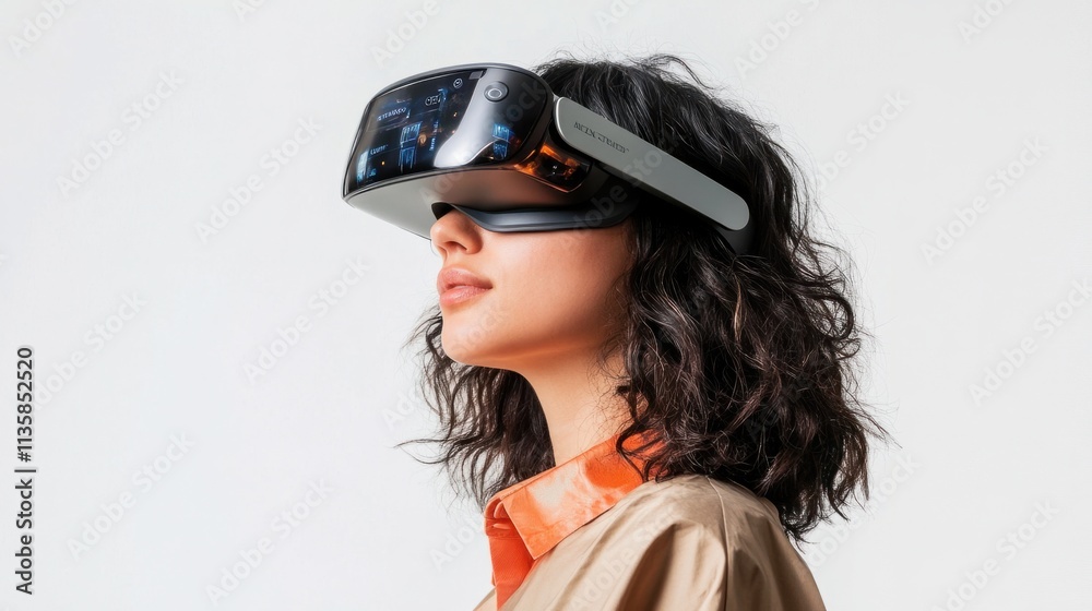 A confident futuristic woman with an augmented reality headset displaying data overlays, looking visionary, on white A confident futuristic woman with an augmented reality headset displaying data overlays, looking visionary, on white