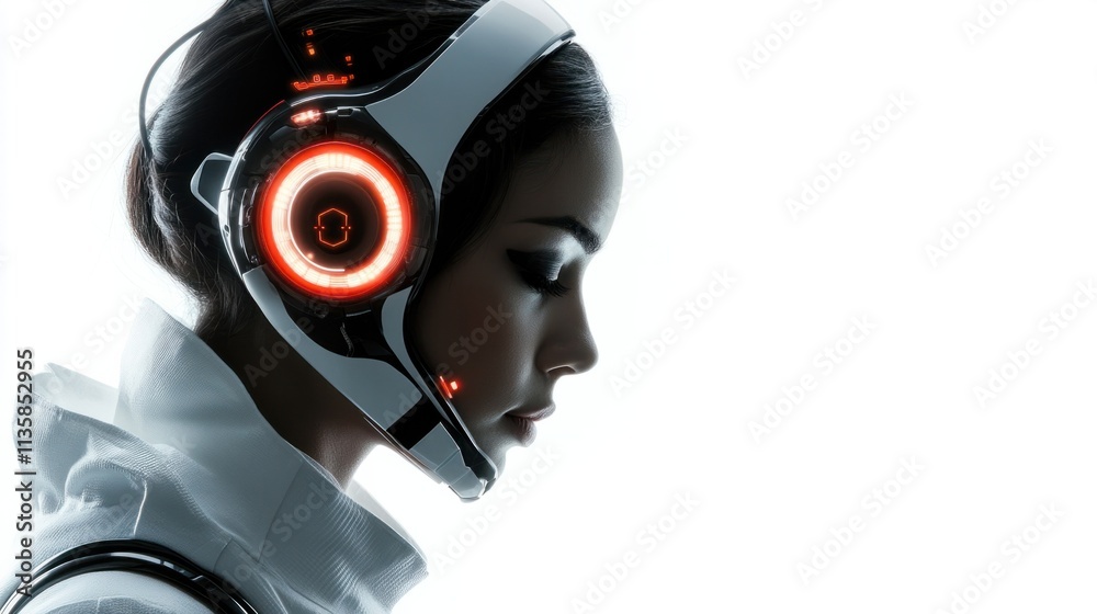 A confident tech-savvy woman wearing a digital headset with glowing futuristic features, isolated on white A confident tech-savvy woman wearing a digital headset with glowing futuristic features, isolated on white