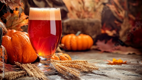 Autumn Harvest Pumpkin Ale Beer Glass with Wheat photo