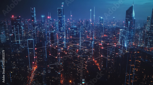 Wallpaper Mural Smart digital Innovation city with connection network reciprocity over the cityscape. of future smart wireless digital city and social media networking systems that connects people with in city Torontodigital.ca