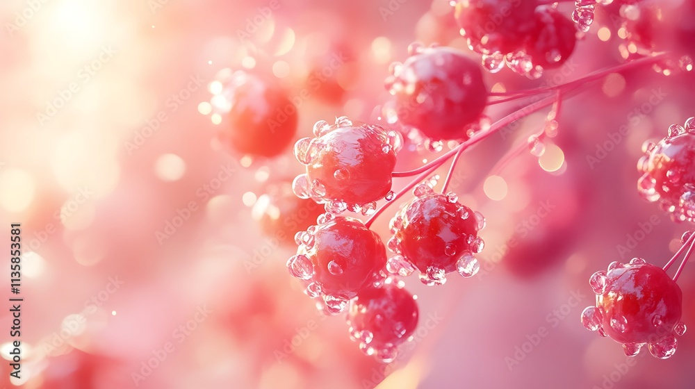 A radiant cluster of pomegranate seeds, their intricate ruby-red textures glowing under soft sunlight, reflections creating a shimmering effect, pastel pink background enhancing elegance, A radiant cluster of pomegranate seeds, their intricate ruby-red textures glowing under soft sunlight, reflections creating a shimmering effect, pastel pink background enhancing elegance,