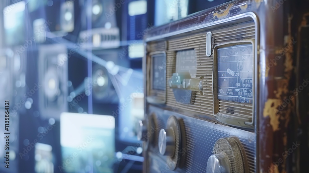 Obraz premium Close-up of vintage radio emitting static noise, contrasting with modern digital devices, symbolizing the shift from traditional to digital media.