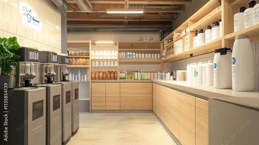Modern minimalist pantry with shelves stocked with various products and appliances.