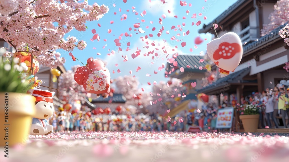 Obraz premium Vibrant Sakura Festival with Cherry Blossoms and Festive Decorations