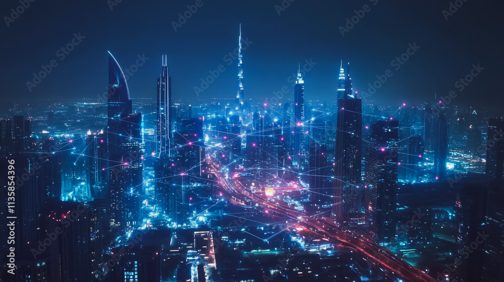 Fototapeta premium Smart digital Innovation city with connection network reciprocity over the cityscape. of future smart wireless digital city and social media networking systems that connects people with in city