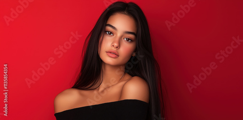 Wallpaper Mural A woman with long black hair is standing in front of a red background Torontodigital.ca