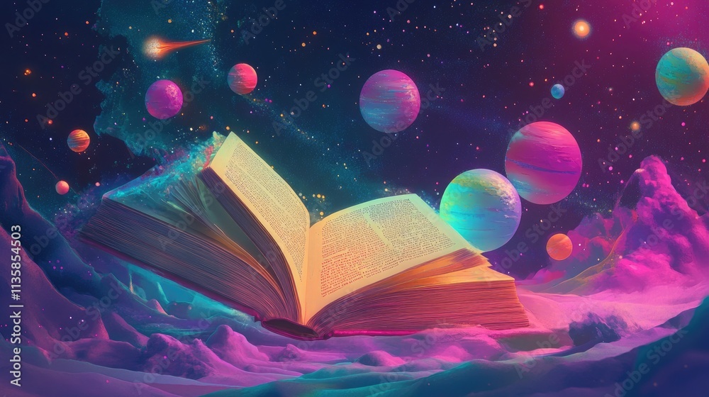 Naklejka premium An Enchanted Open Book Surrounded by Colorful Planets and Cosmic Elements in a Mystical Space Environment for Imaginative and Fantasy Themes