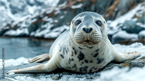 Close up a large white harp seal lays on an ice with its face covered in snow in North Pole. The seal has its head up and is looking sideways. Wildlife scene from nature. 