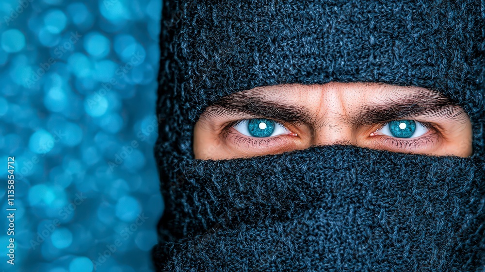 Mysterious Man Blue Eyes Knit Mask Dark Background Cinematic Lighting Closeup Portrai Mysterious Man Blue Eyes Knit Mask Dark Background Cinematic Lighting Closeup Portrai