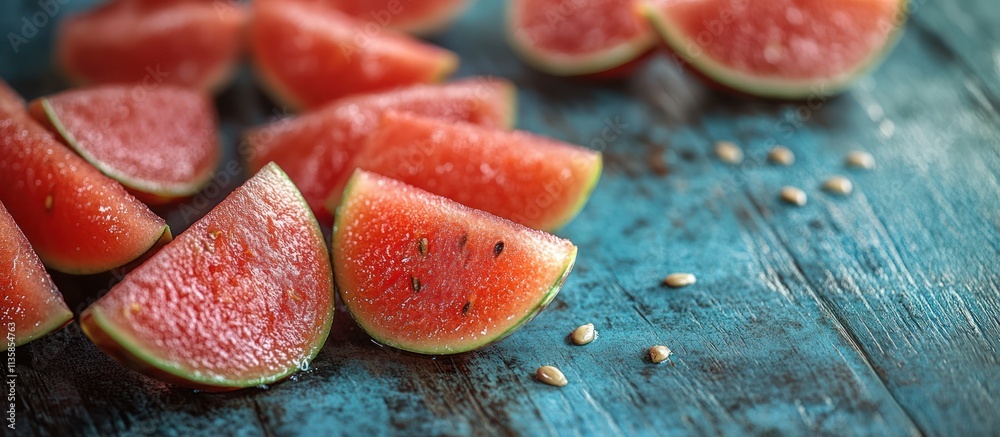 Fresh watermelon slices on a blue wooden table. Fresh watermelon slices on a blue wooden table.