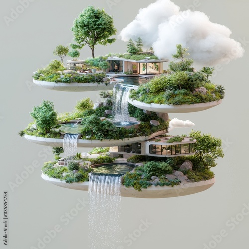 Futuristic Eco-Friendly Floating Garden with Waterfalls and Trees