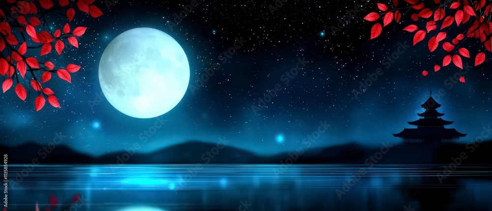 Fototapeta premium Serene Night Scene Full Moon Temple Red Leaves Lake