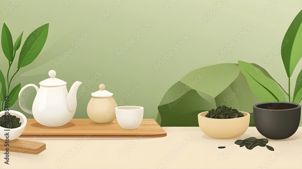 Tea brewing process at home kitchen digital illustration calm environment top view relaxation concept Tea brewing process at home kitchen digital illustration calm environment top view relaxation concept