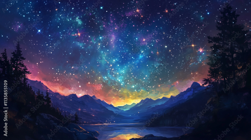 Obraz premium Celestial Serene: A breathtaking panorama of a vibrant, colorful night sky ablaze with stars over tranquil mountains and a serene lake. 