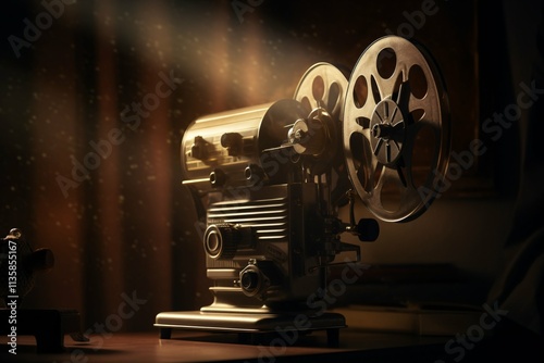 A vintage film projector emits a soft, cinematic glow in a dim studio, casting warm light and shadows that evoke a nostalgic film atmosphere. photo