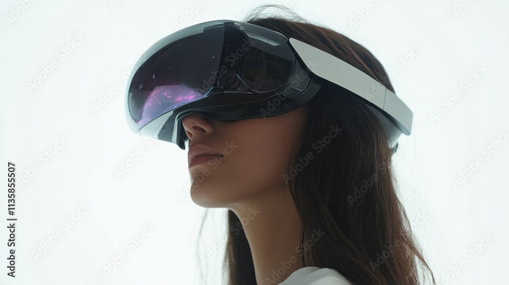 A futuristic woman wearing a visor-style digital headset with augmented reality projections, exuding sci-fi vibes, on white A futuristic woman wearing a visor-style digital headset with augmented reality projections, exuding sci-fi vibes, on white