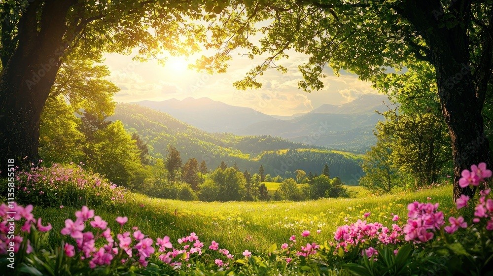 Obraz premium Mother Nature imagery showing a peaceful landscape with trees and flowers, symbolizing environmental care