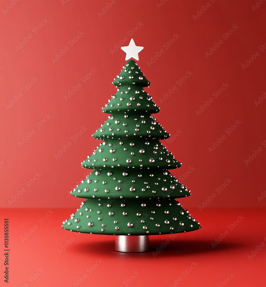 Minimalist Green Christmas Tree 3D Render with Silver Ornaments Minimalist Green Christmas Tree 3D Render with Silver Ornaments