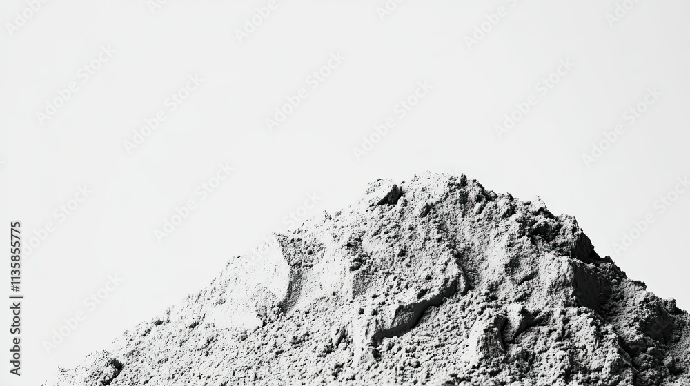 Obraz premium A Close-Up View of a Mountain of Fine Grey Powder Against a Minimalist White Background Ideal for Representing Construction, Material Science, and Industrial Themes