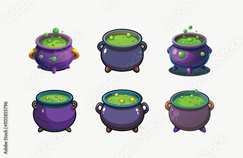 Set of Halloween. Black vector cauldron with green witches magic broth