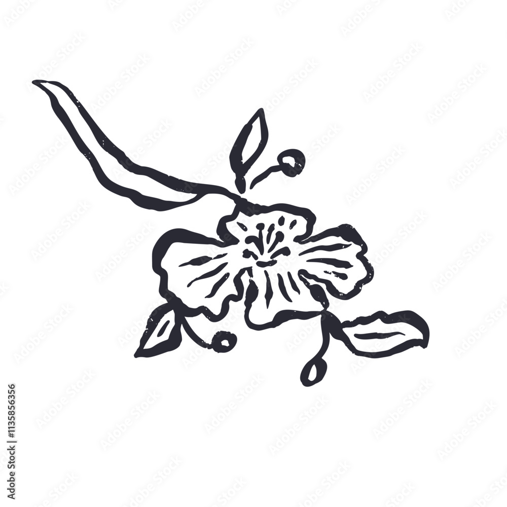 Obraz premium Black and white minimal abstract inky line art flower. Monochrome sketchy textured loose floral doodles. Hand drawn botanical abstraction