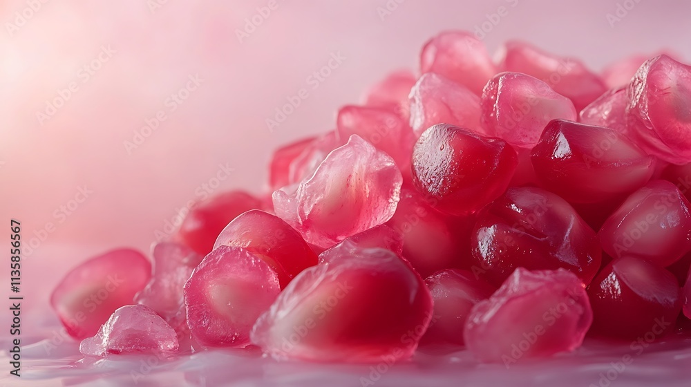 A vibrant arrangement of pomegranate seeds glowing with ruby translucence, their intricate textures shining under diffused light, pastel pink background enhancing their vivid tones, A vibrant arrangement of pomegranate seeds glowing with ruby translucence, their intricate textures shining under diffused light, pastel pink background enhancing their vivid tones,