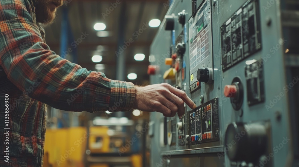 Industrial Worker Operating Control Panel in Factory Environment, Focusing on Machinery Adjustments and Equipment Management for Efficient Production Industrial Worker Operating Control Panel in Factory Environment, Focusing on Machinery Adjustments and Equipment Management for Efficient Production